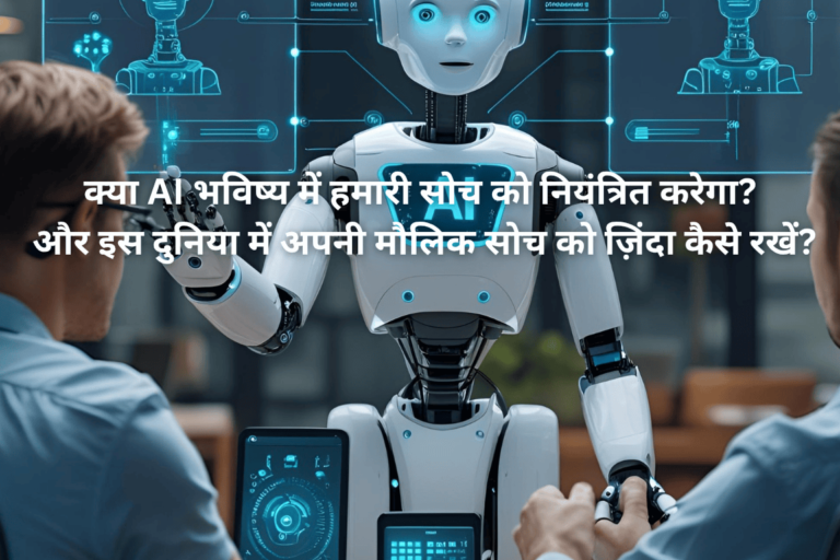 एक इंसानी जैसे दिखने वाले रोबोट के साथ एक व्यक्ति बातचीत कर रहा है, बैकग्राउंड में डिजिटल AI इंटरफ़ेस दिखाई दे रहे हैं। इमेज पर हिंदी में लिखा है: क्या AI भविष्य में हमारी सोच को नियंत्रित करेगा? और इस दुनिया में अपनी मौलिक सोच को ज़िंदा कैसे रखें?